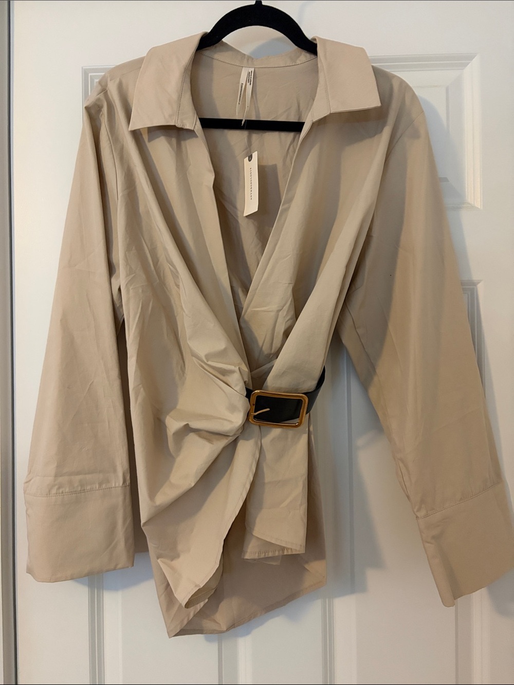 Anthropologie Beige wrap shirt with Buckle Accent